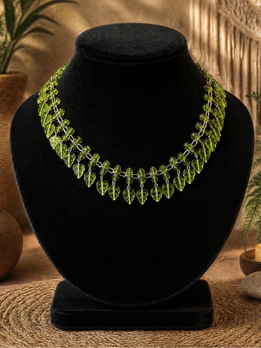 Joan Rivers Green Glass Beaded Leaf Drop Statement Necklace 1850